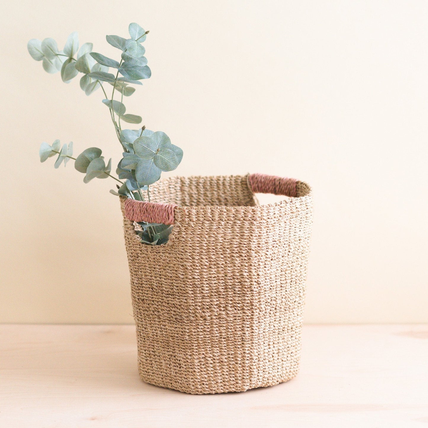 Natural Octagon Basket with Dusty Rose Handle