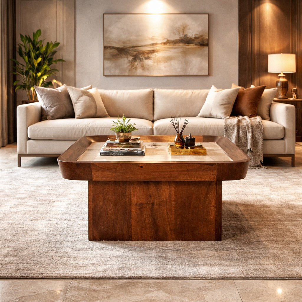 Solid Wood Travertine Top Tray Coffee Table