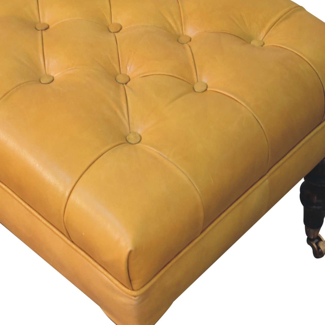 Solid Wood Honey Caramel Buffalo, Leather Ottoman with Castor Legs