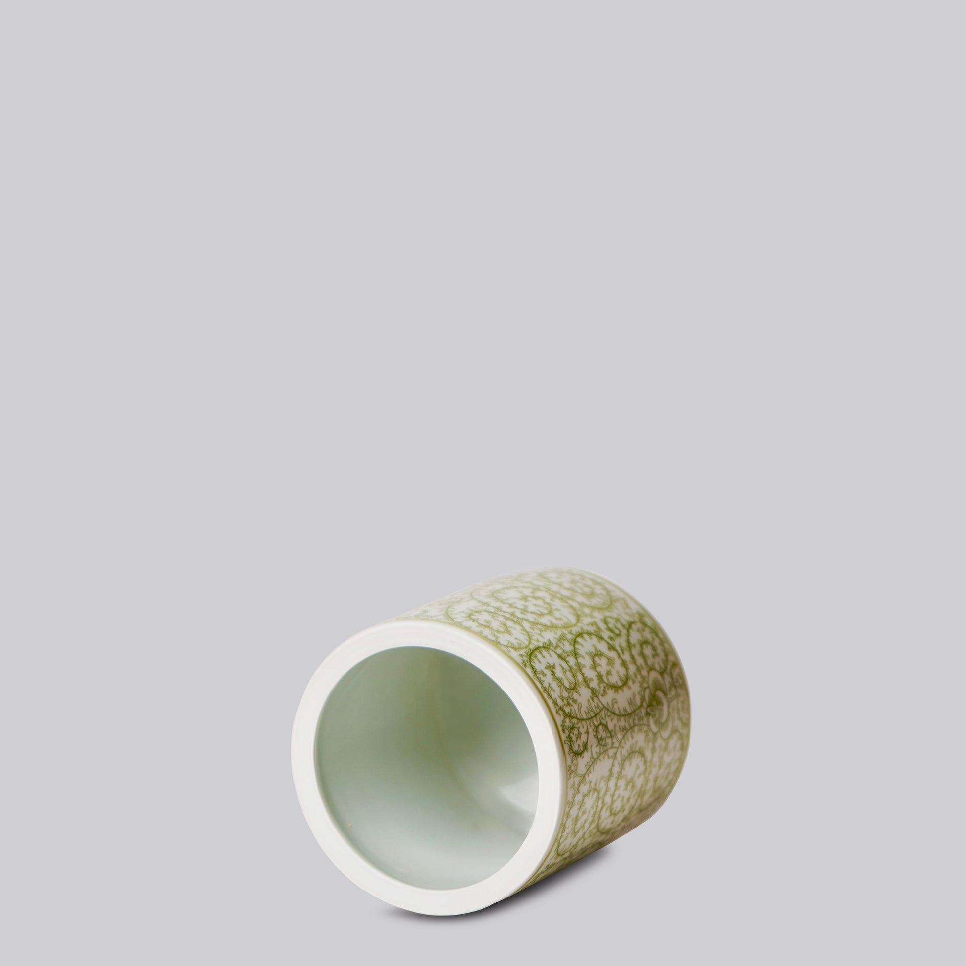 Tiny Green and White Porcelain Country Peony Cachepot