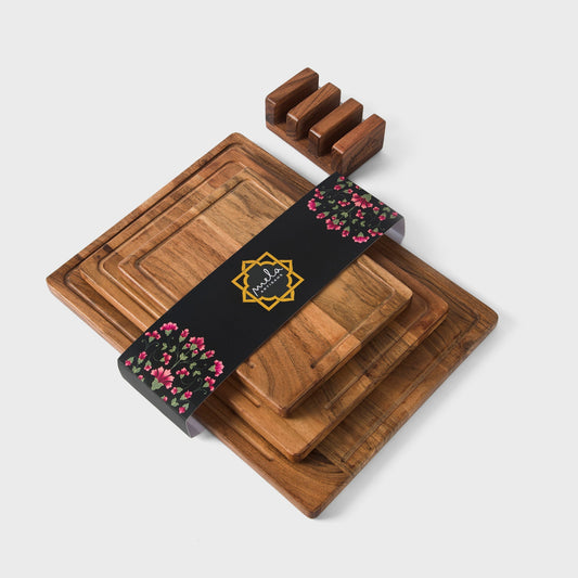 Acacia Wood Cutting Board Set with Stand – 3 Piece