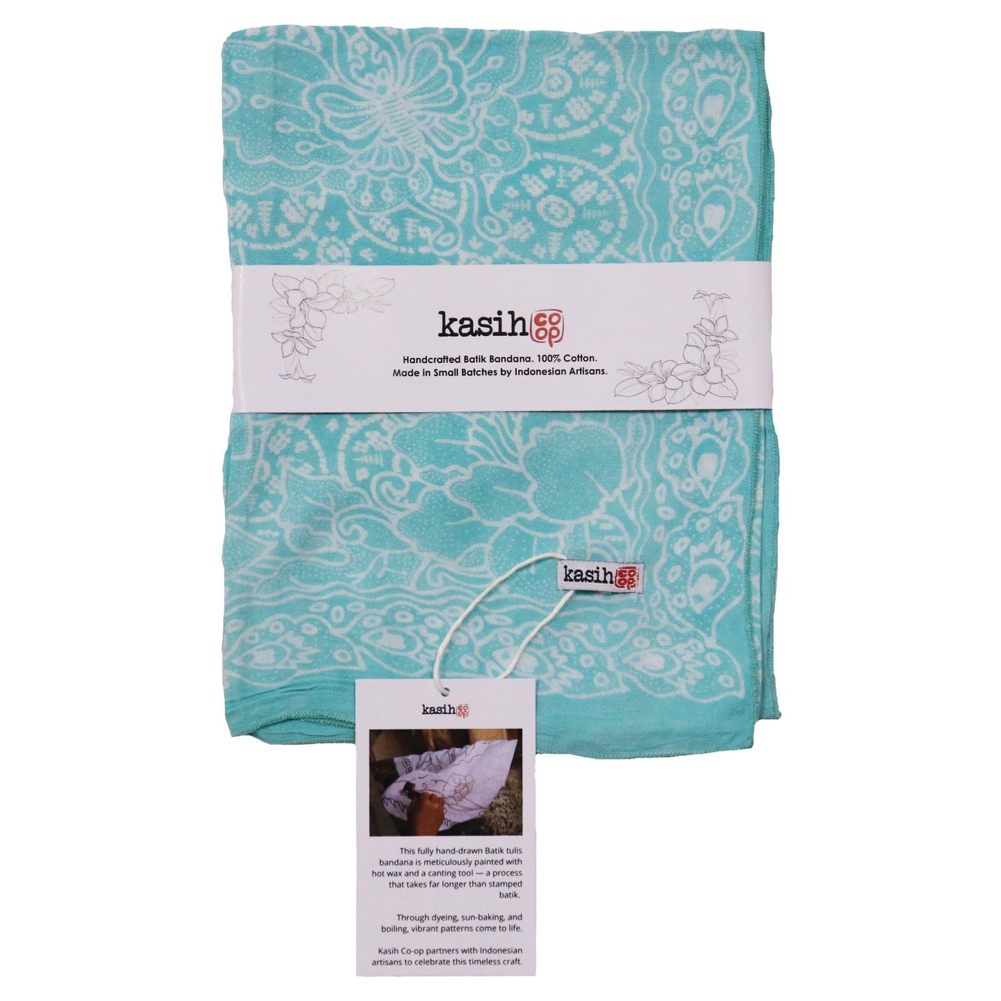 Fully Hand Drawn Batik Tulis Bandana, Teal Tile, Butterfly, Turquoise