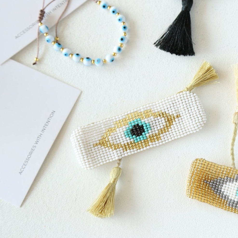 Evil Eye Tassel Bracelet Set White
