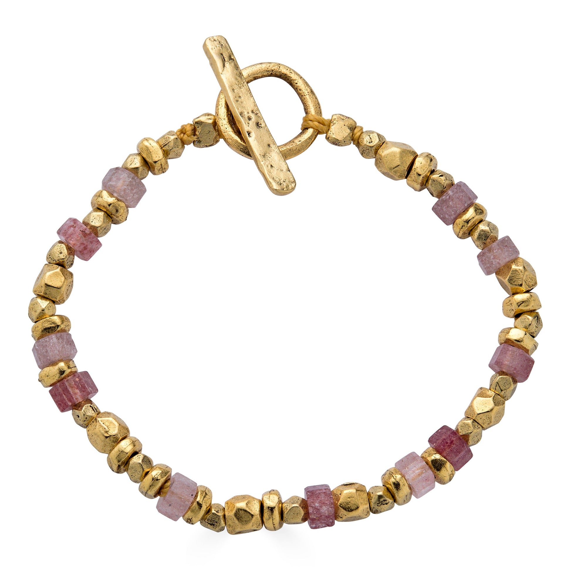 Pink Strawberry Quartz and Gold Bead Bracelet