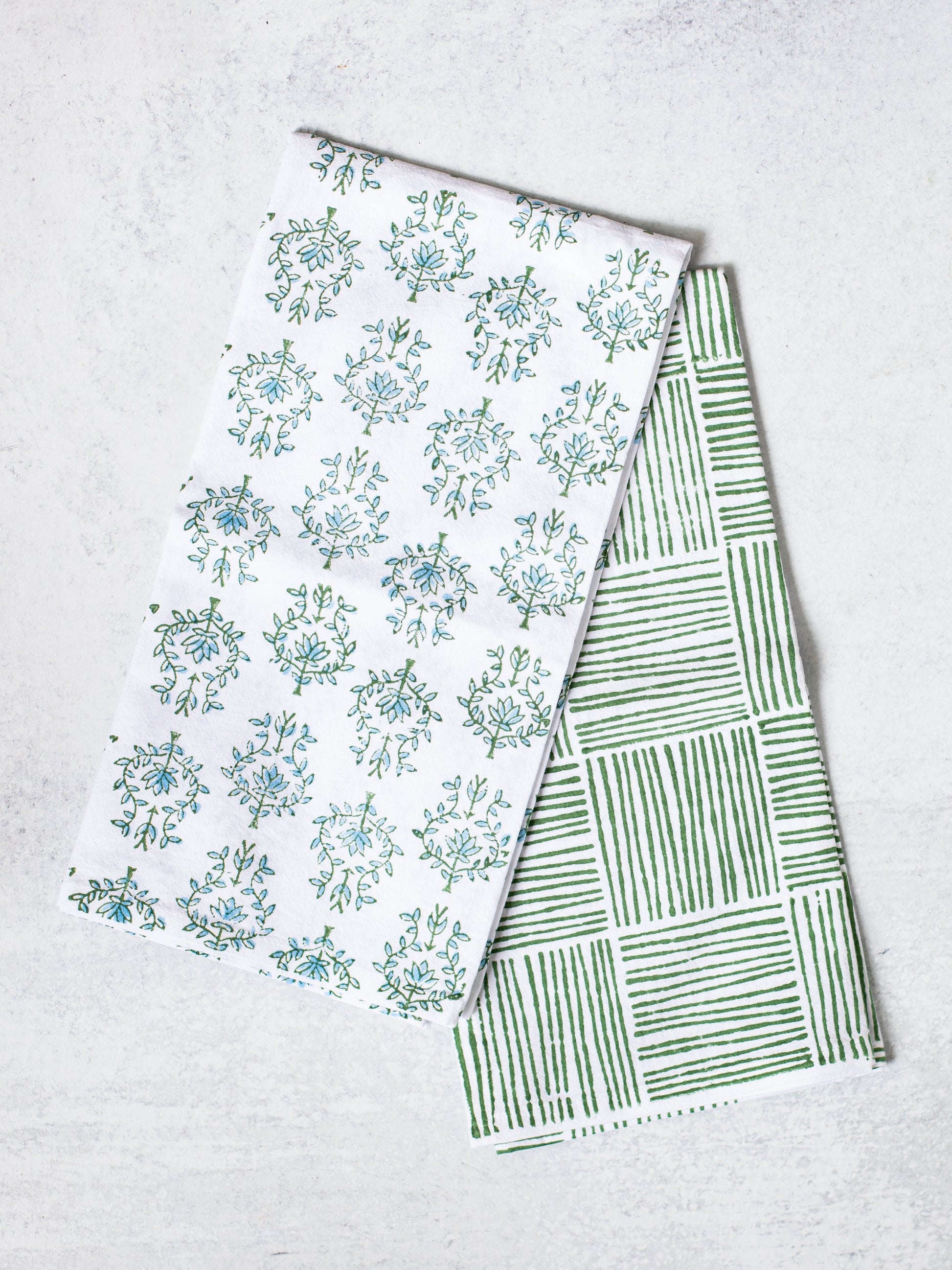 S/2 Tea Towel Set - Lotus & Stripe, Sage
