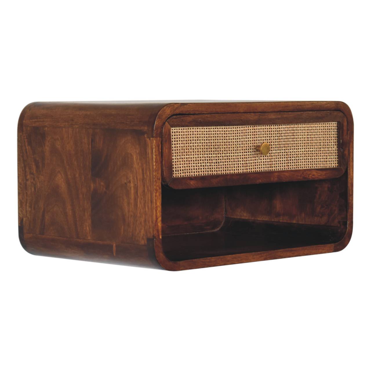 Solid Wood Chestnut Wall-Mounted Open Woven Bedside Table