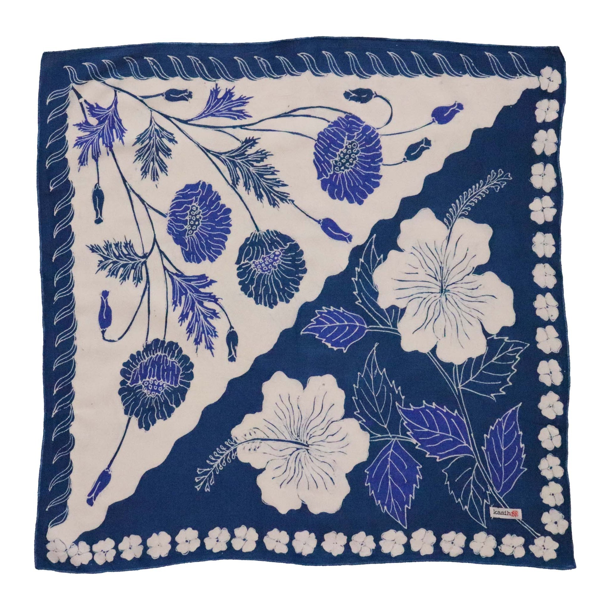 Full Hand Drawn Batik Tulis Bandana Authentic, 100% Soft Cotton, Hibiscus Poppy Flowers , Pagi Sore