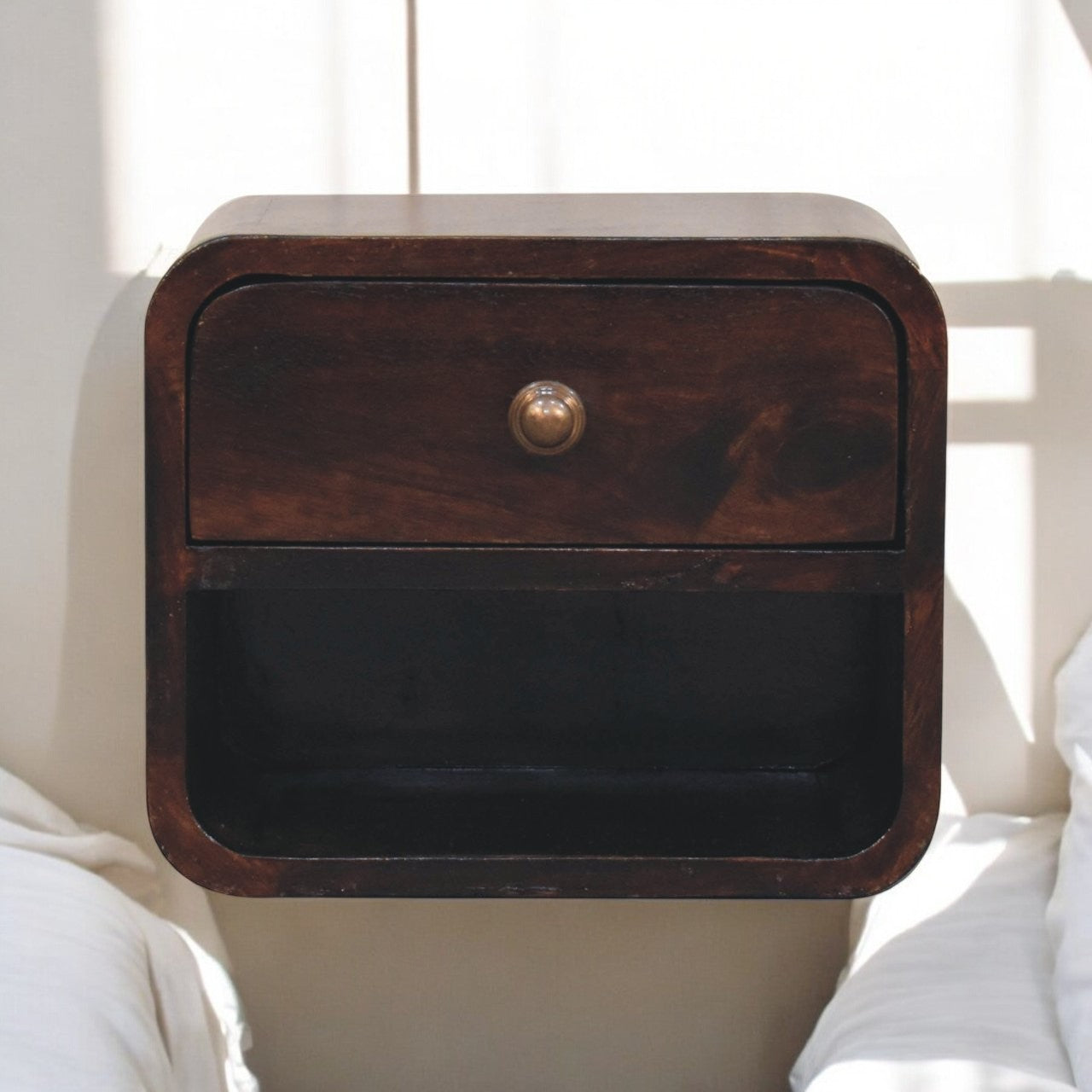 Solid Wood Mini Curved California Walnut Wall-Mounted Bedside Table