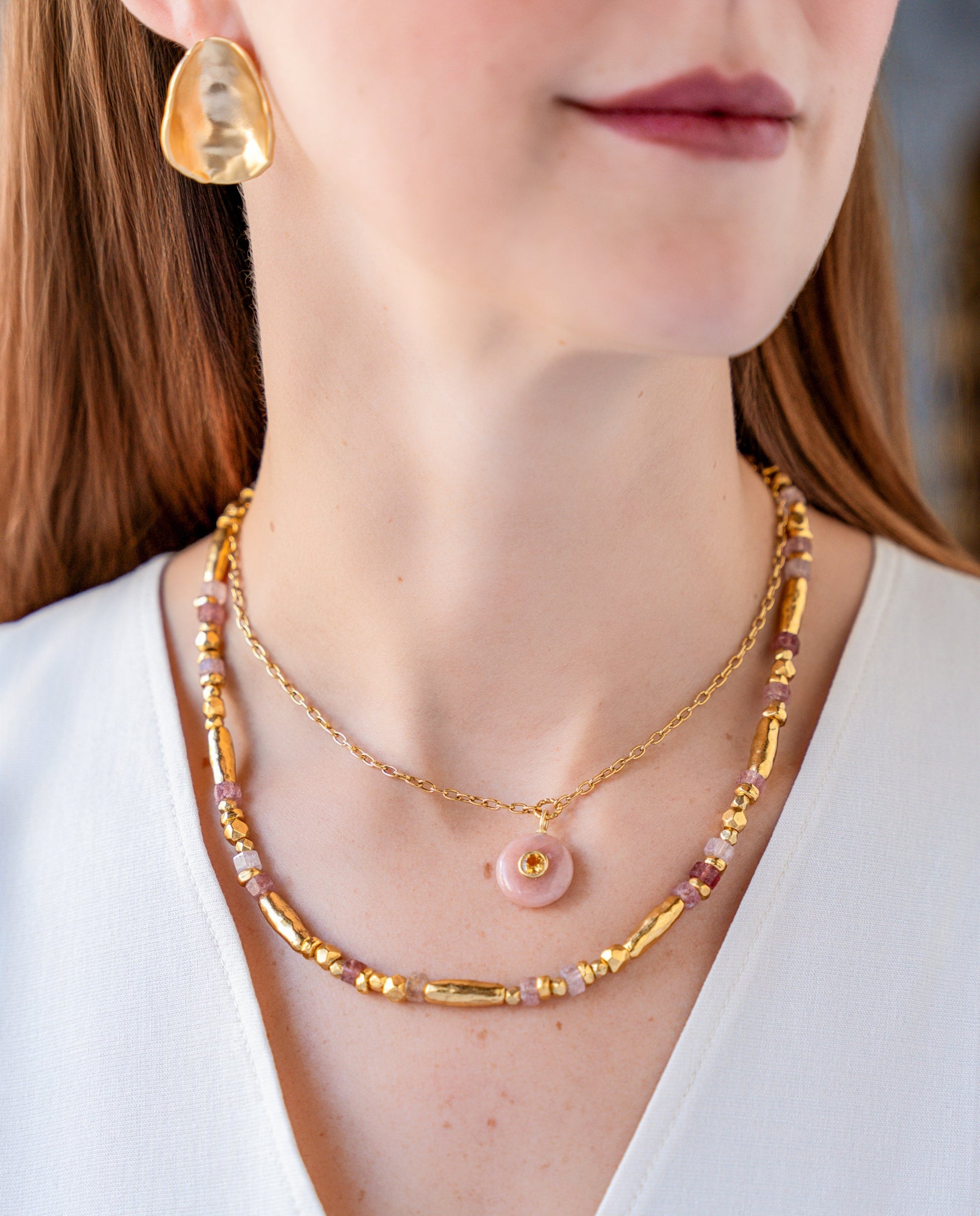 Pink Strawberry Quartz Bead Necklace