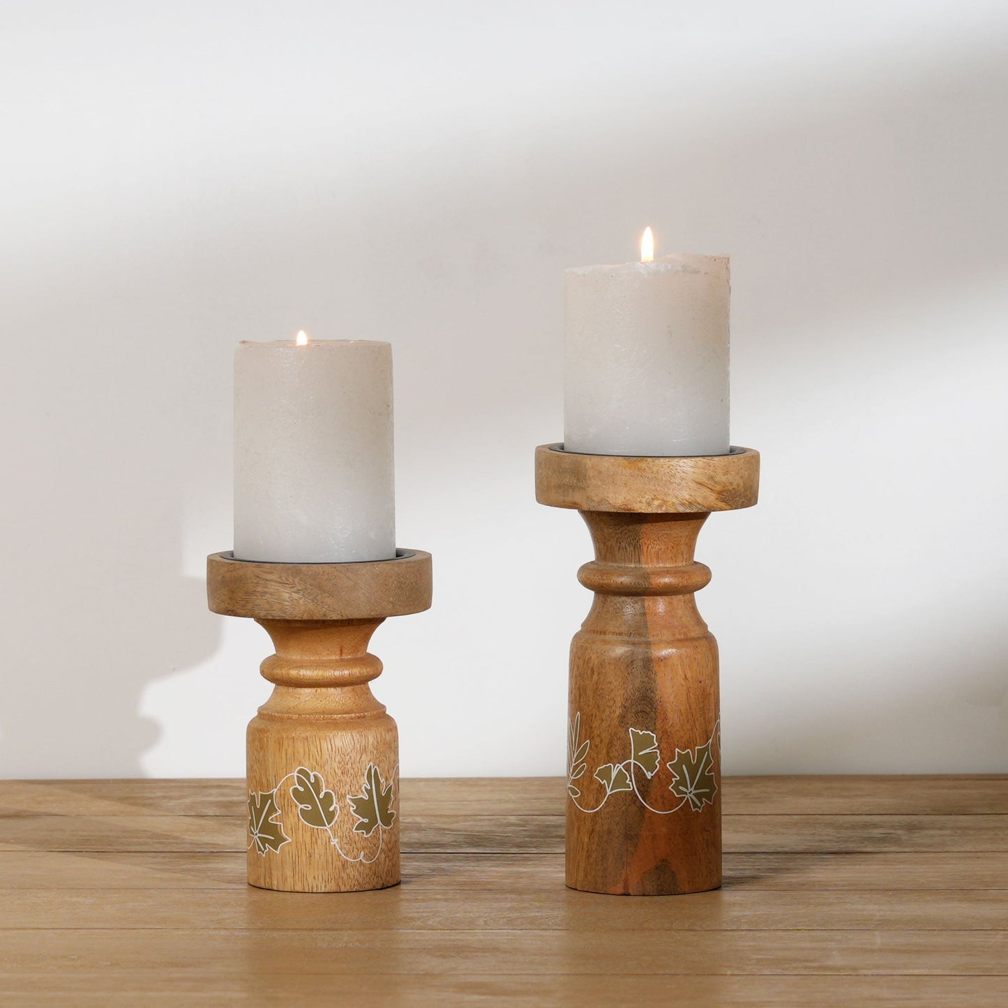 Pillar Candle Holder Set of 2 | Natural Finish | Mango Wood