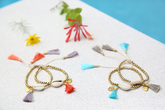 Beaded Shell Tassel Bracelet Pale Gold