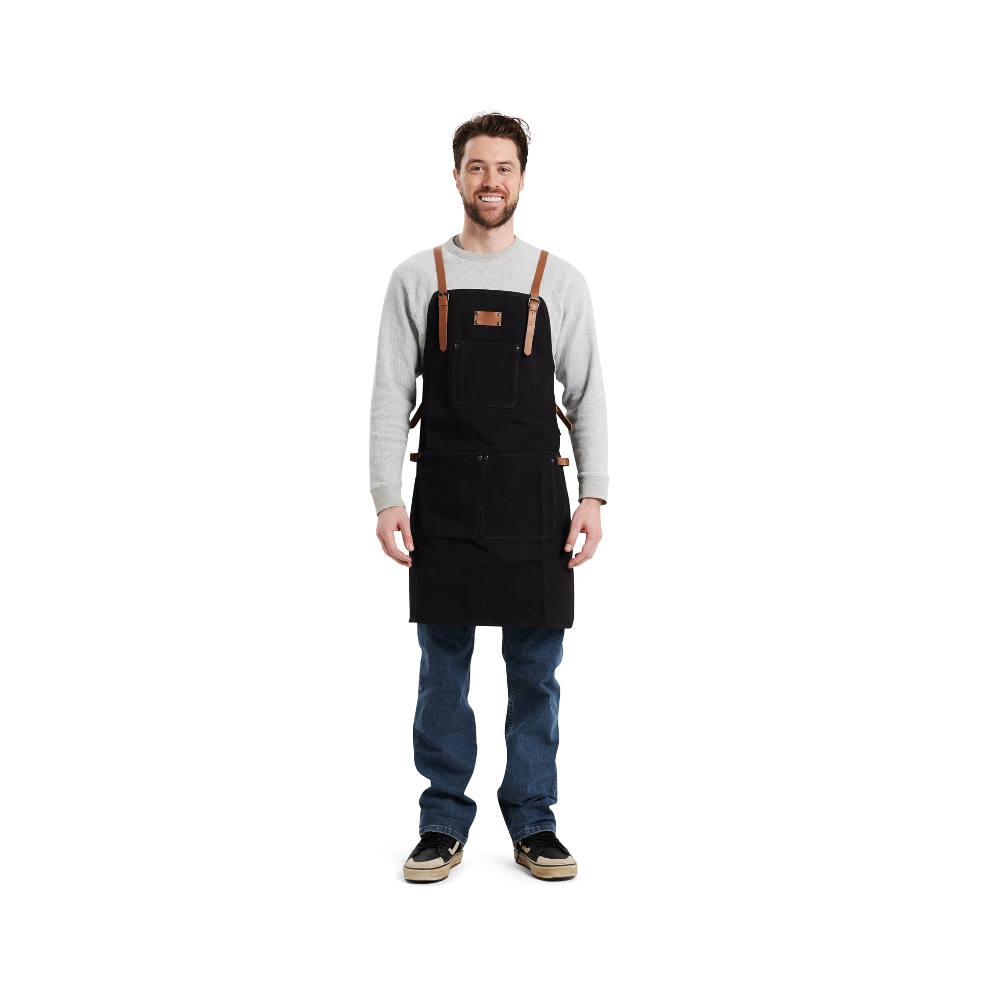 Waxed Canvas Work Apron with Leather Straps & Utility Pockets