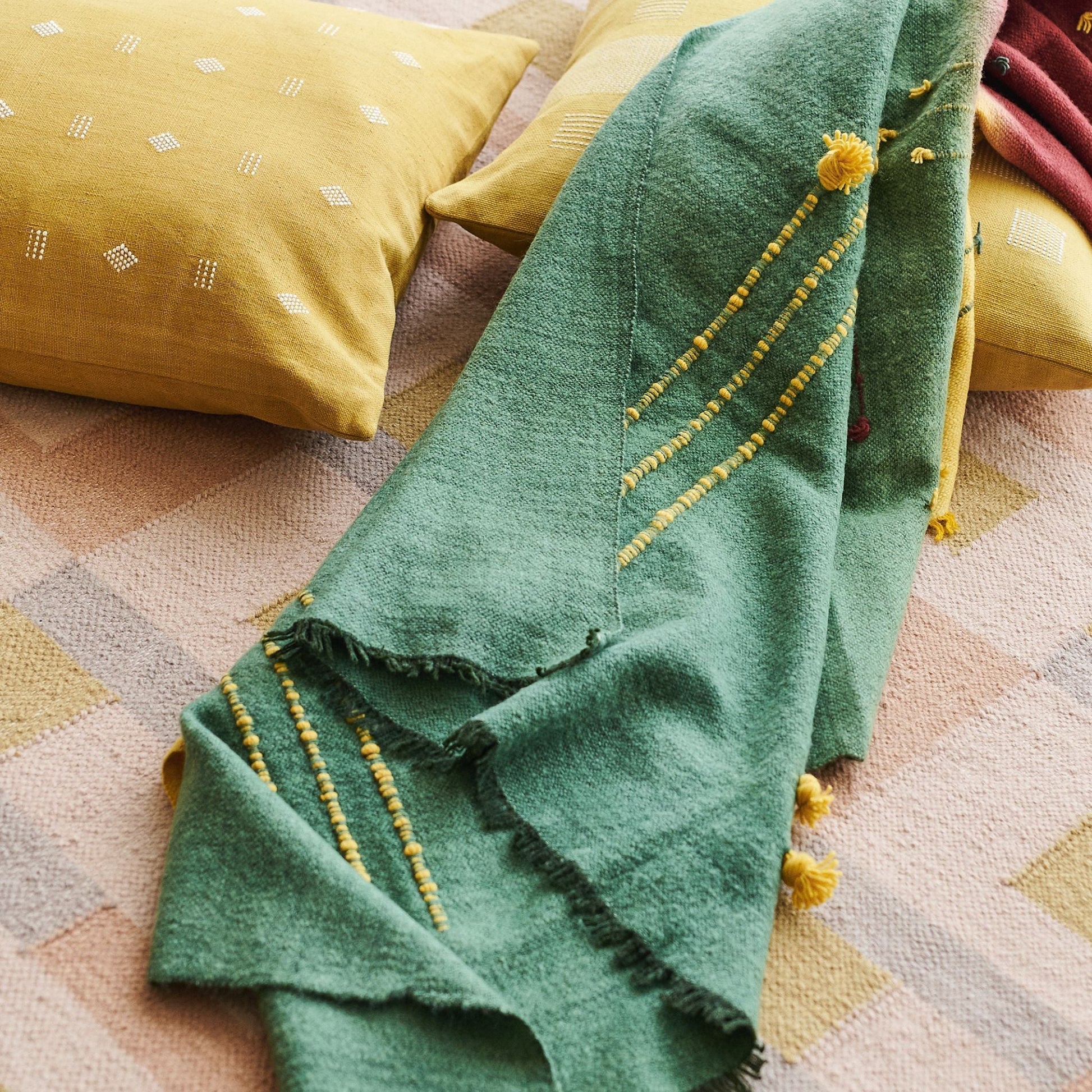 Avocado Multi Color Warm Hues Hand Woven Hand Knotted Textured Merino Throw