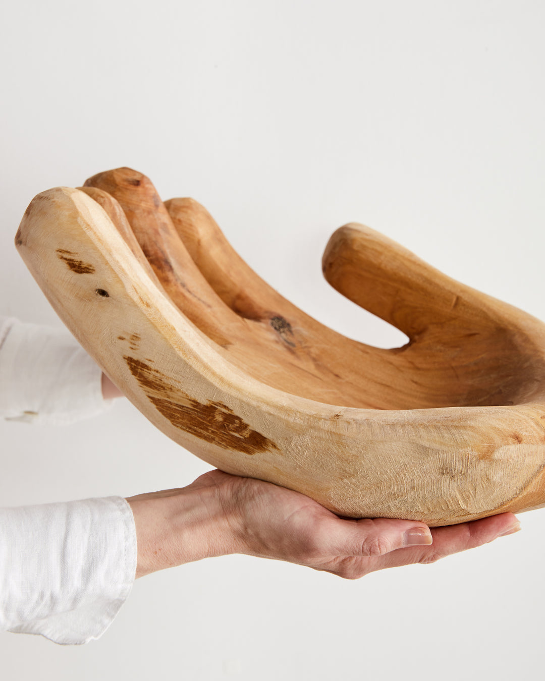 Open Hand Hand-Carved Wooden Bowl Sculpture (Discoloration)