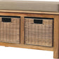 Solid Wood Rattan Basket Linen Upholstered Bench