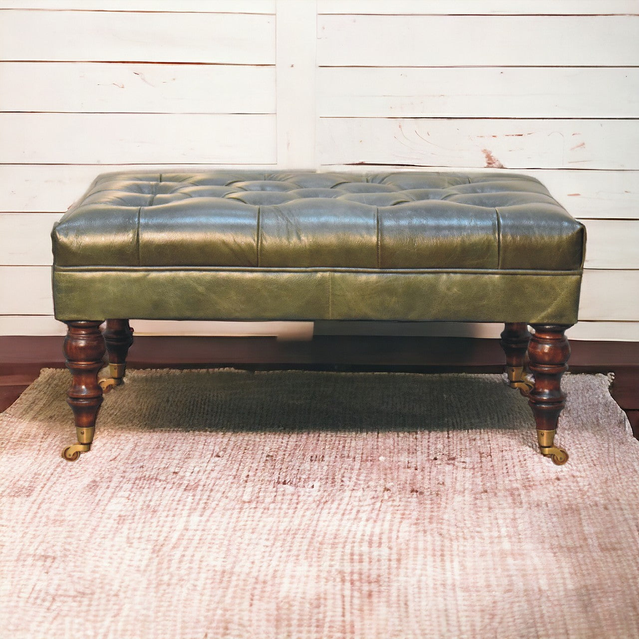 Buffalo Leather Upholstered Ottoman with Castor Legs