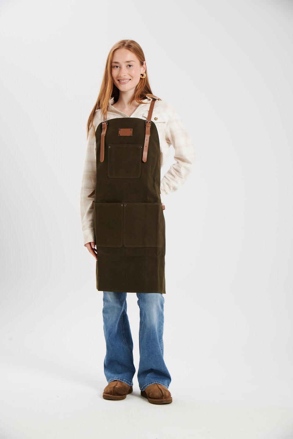Waxed Canvas Work Apron with Leather Straps & Utility Pockets