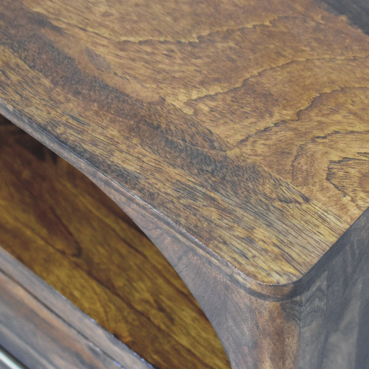 Solid Wood Arc Bedside Table 1 Drawer 1 Open Shelf Brown