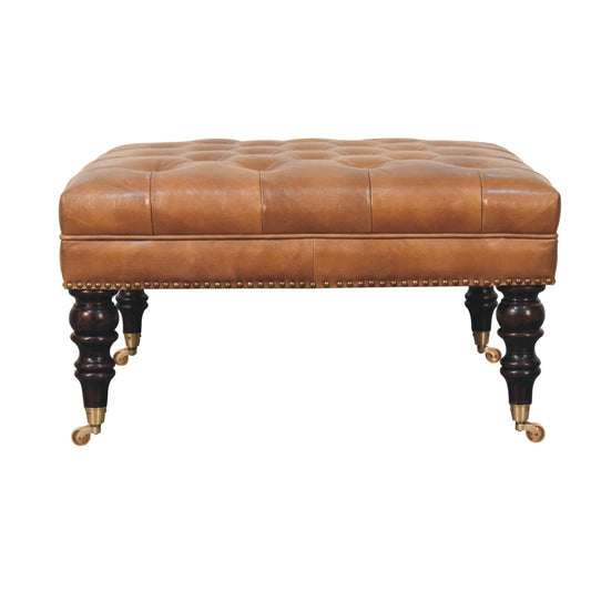 Solid Wood Studded Buffalo Leather Upholstered Ottoman