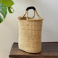 Handwoven Double Weave Pot Basket with Black Leather Handle