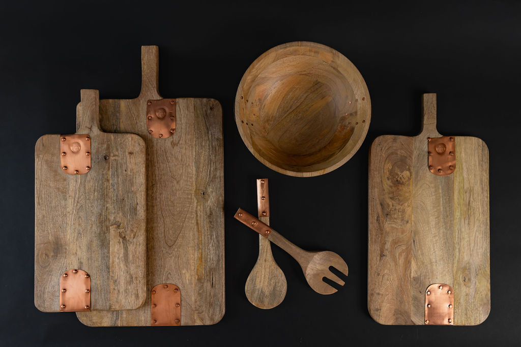 Vintage Inspired Wooden Serving Bowl with Handmade Copper Details