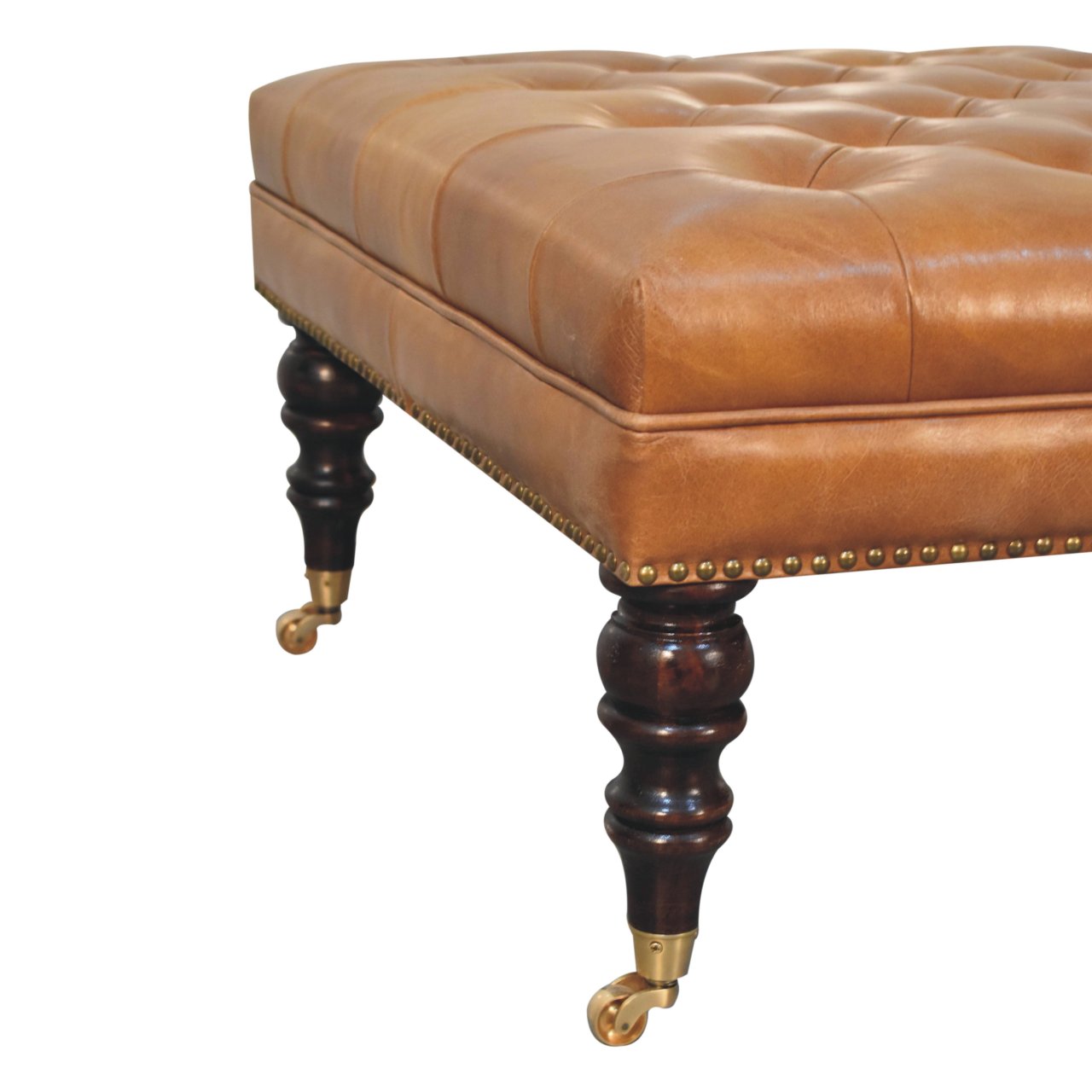 Solid Wood Studded Buffalo Leather Upholstered Ottoman