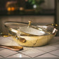 Set of 3 Brass Woks with Glass lids/Kadhai (Circular & Deep cooking/ serving Utensil) - 1L round, 3L round and 3L flat 6 Pieces Set