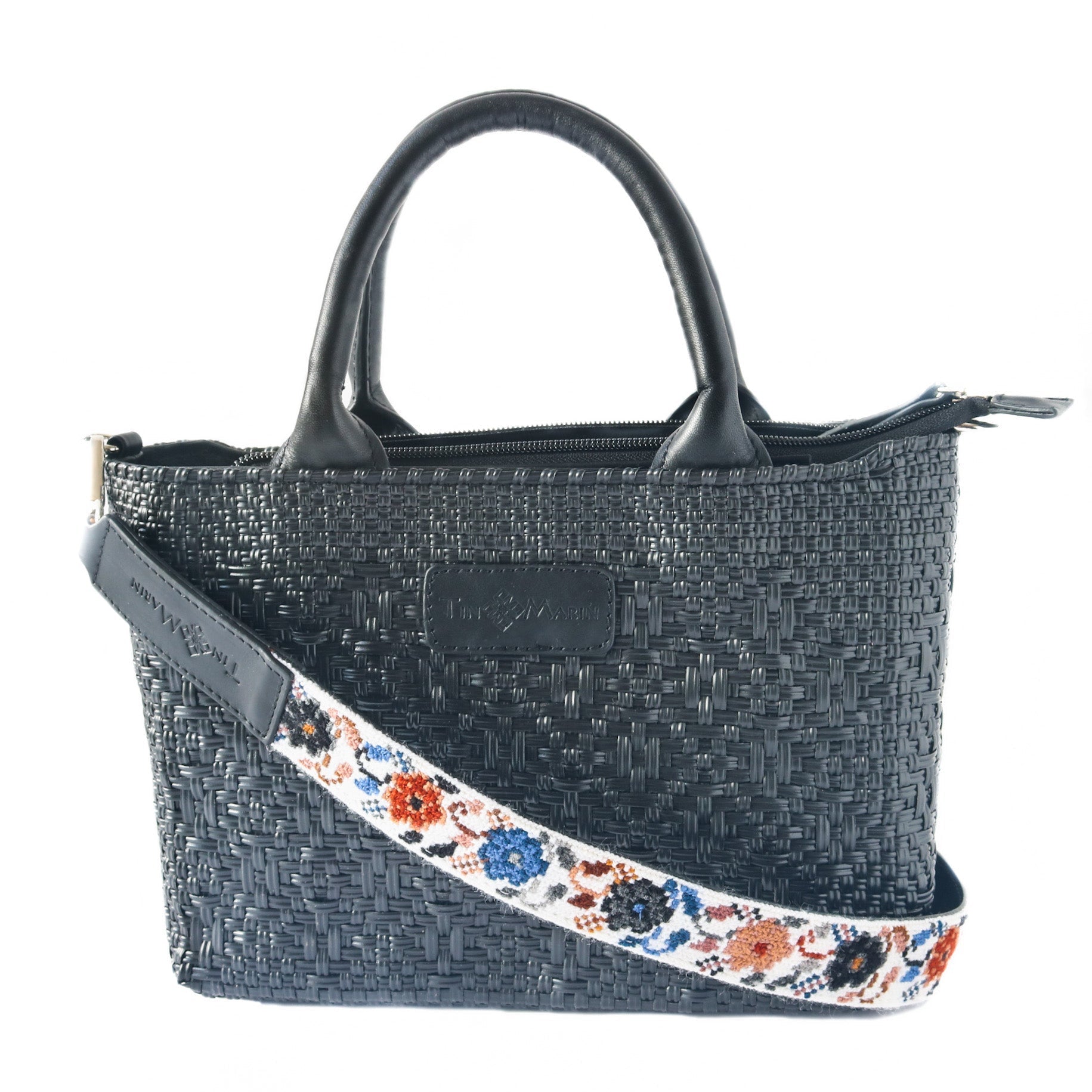 All Black Small Woven Crossbody Bag - Black Leather