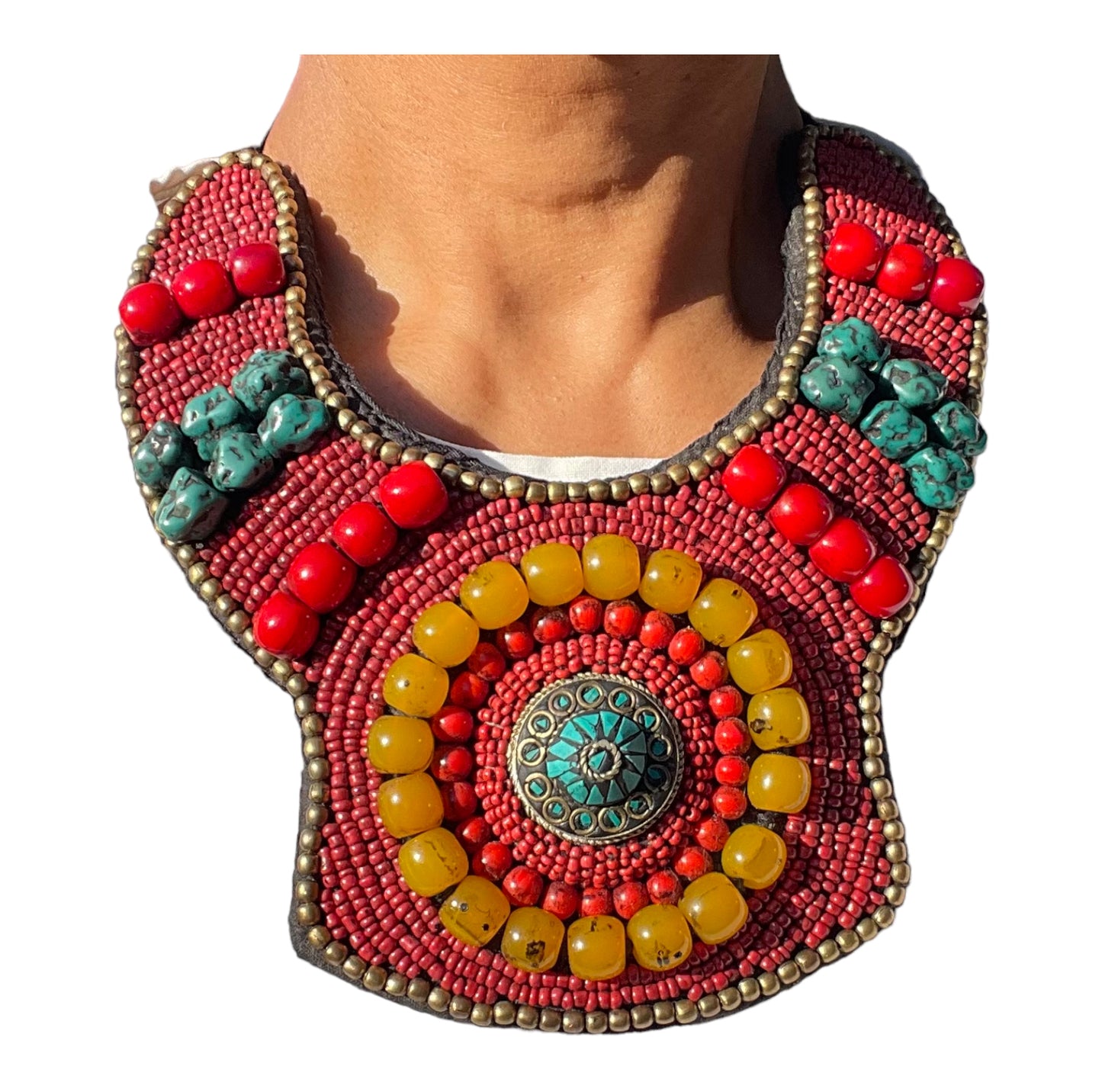 Hand-Beaded Bib Necklace in Red with Glass Beads