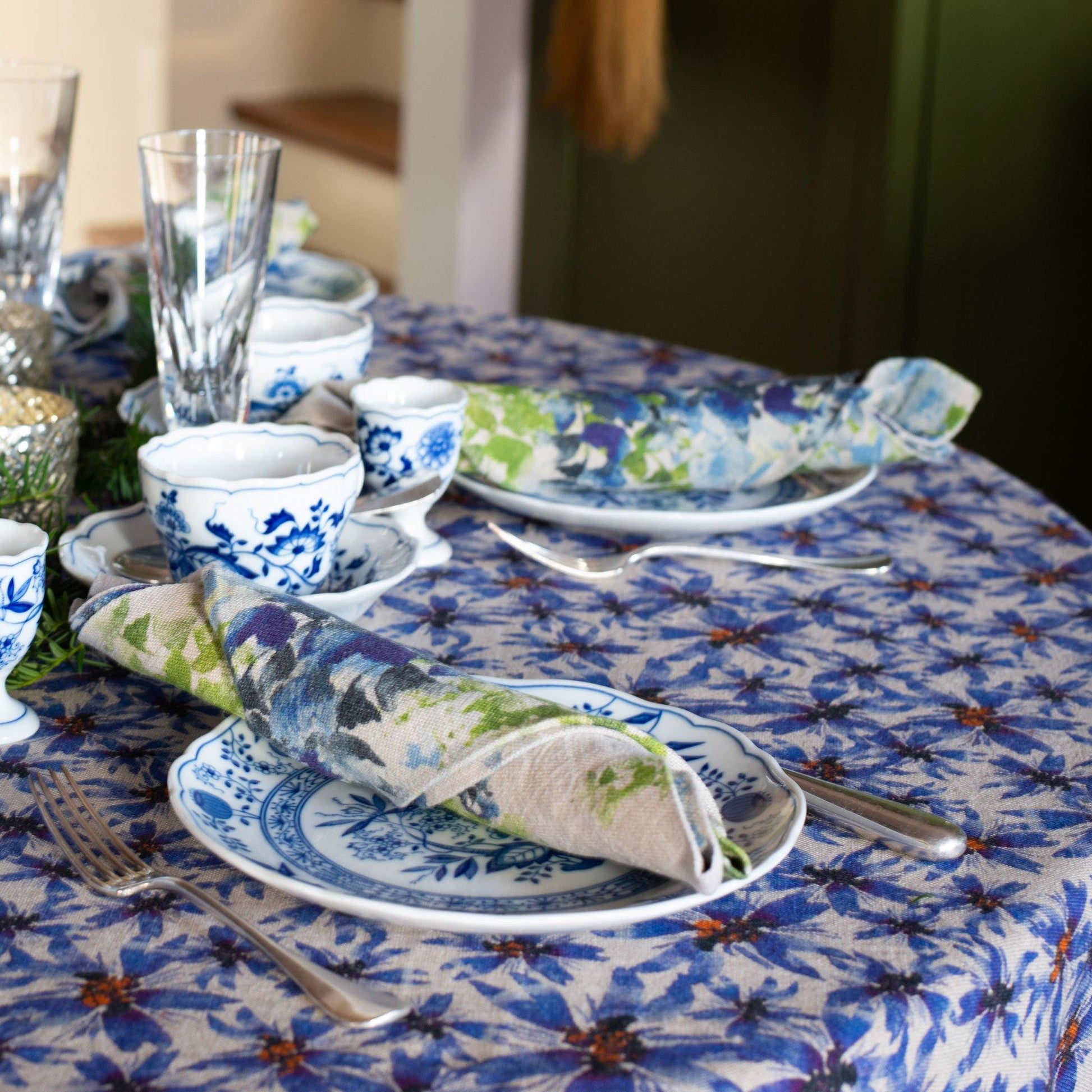 Organic Linen Tablecloth in Blue Harem