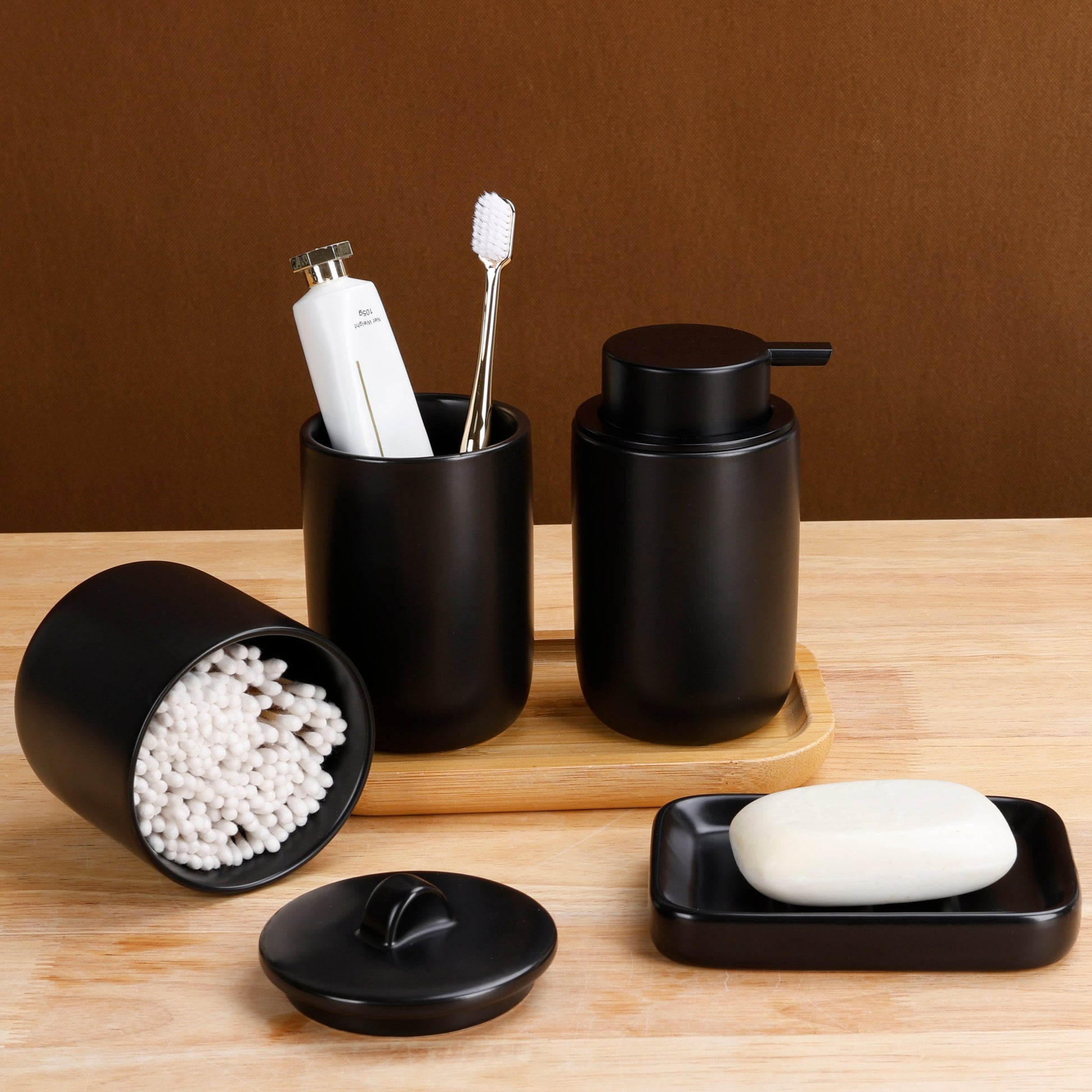 BosilunLife Matte Black 4-Pcs Foam Bath Set Recycled Ceramic Eco-Clay