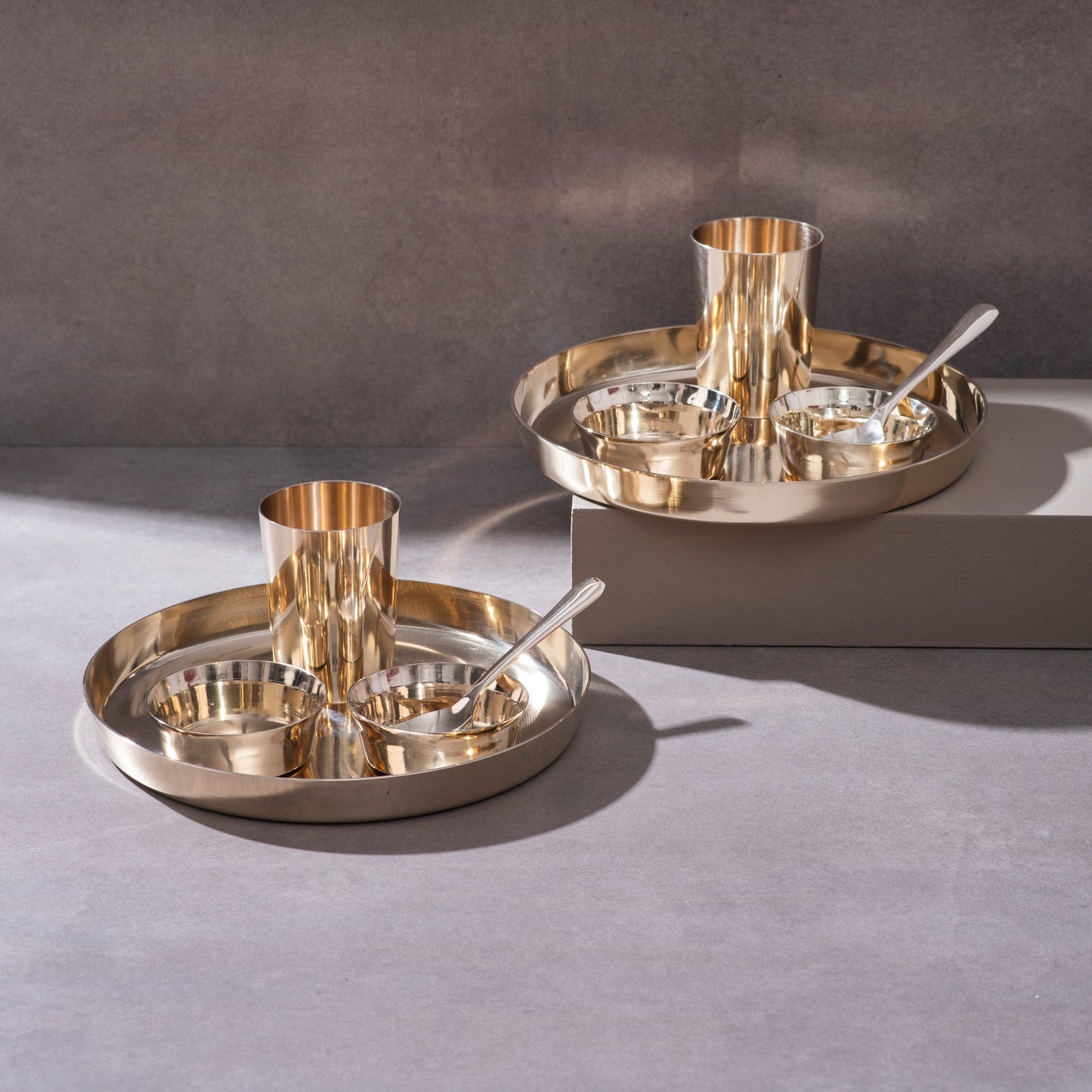 Bronze (Kansa) high hipped plate (Thaali) Set 11" - 5 pieces (1 Thaali, 2 bowls, 1 glass, 1 spoon)