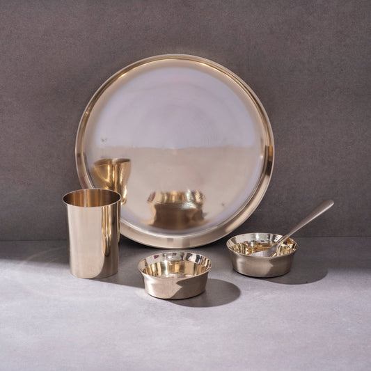 Bronze (Kansa) high hipped plate (Thaali) Set 11" - 5 pieces (1 Thaali, 2 bowls, 1 glass, 1 spoon)