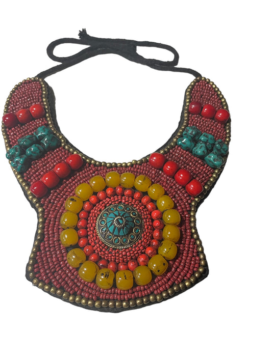Hand-Beaded Bib Necklace in Red with Glass Beads