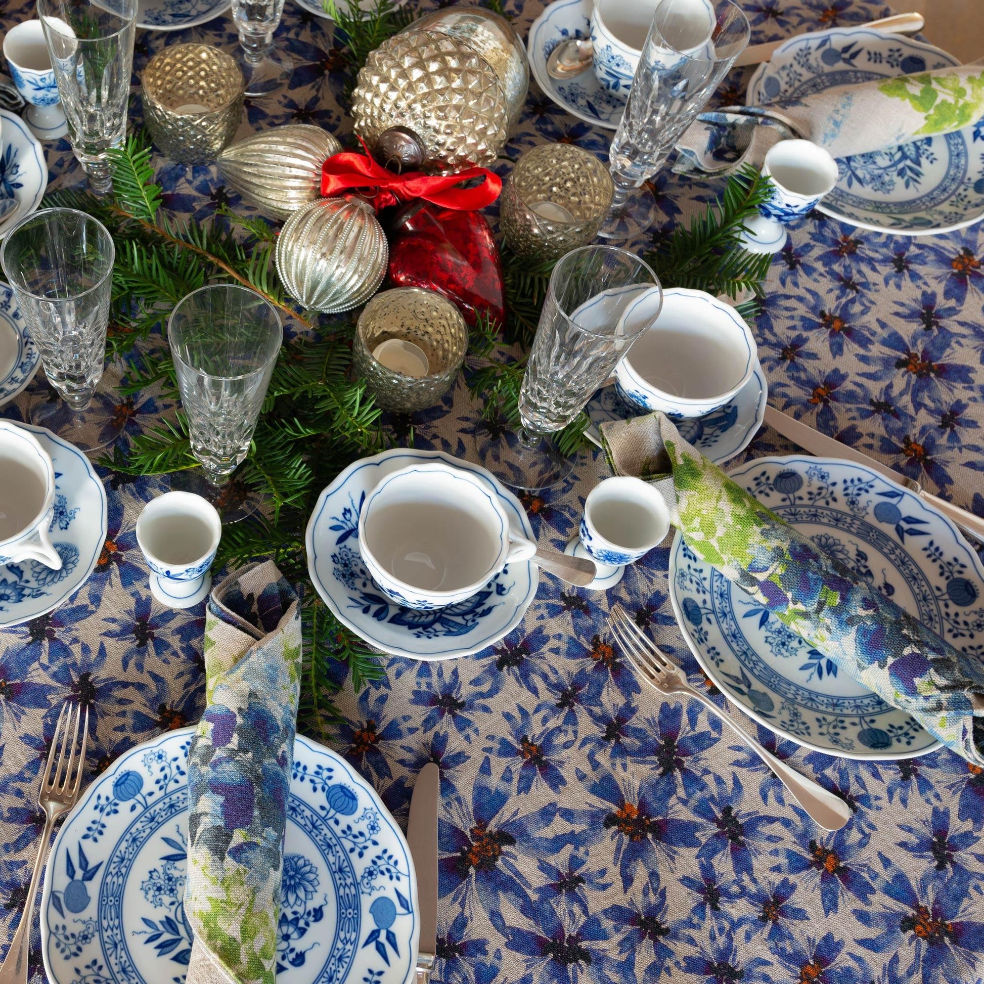 Organic Linen Tablecloth in Blue Harem