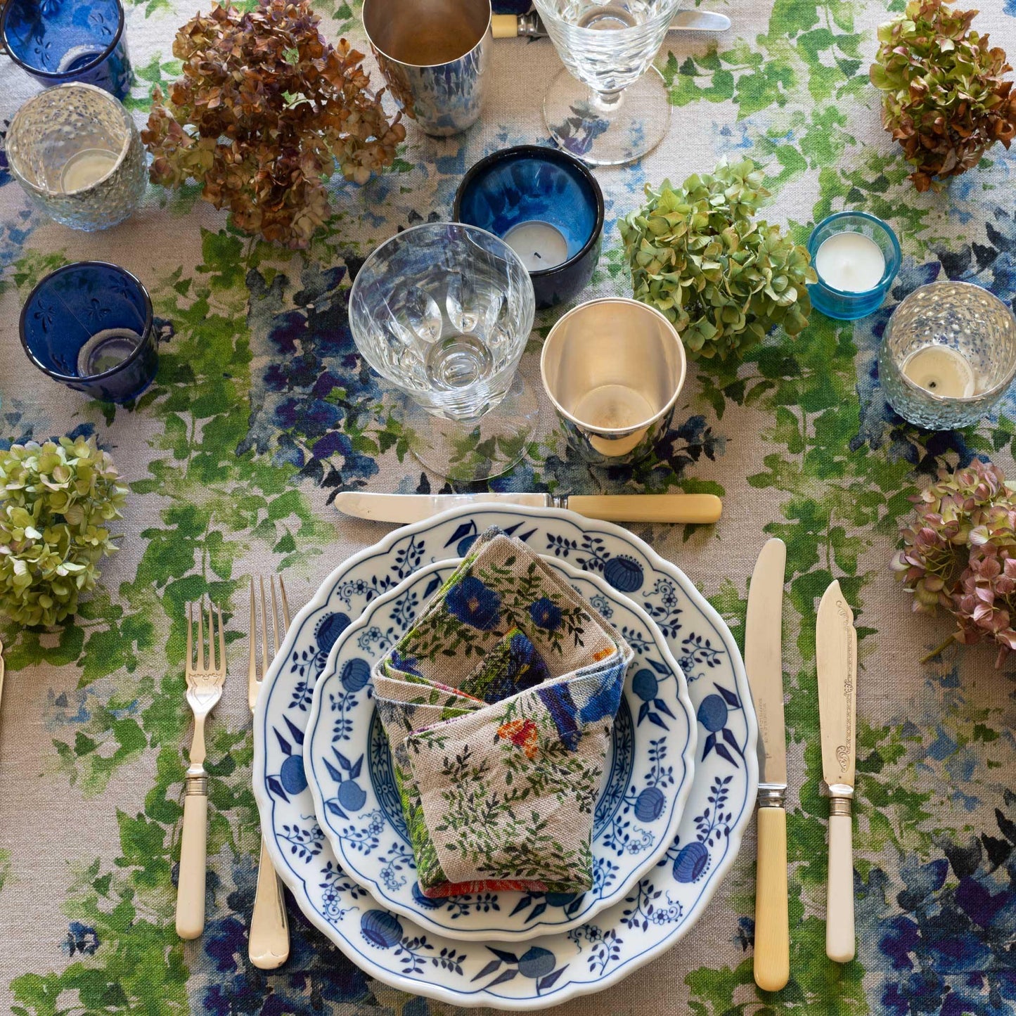 Organic Linen Tablecloth in Blue and Green Wisteria Print