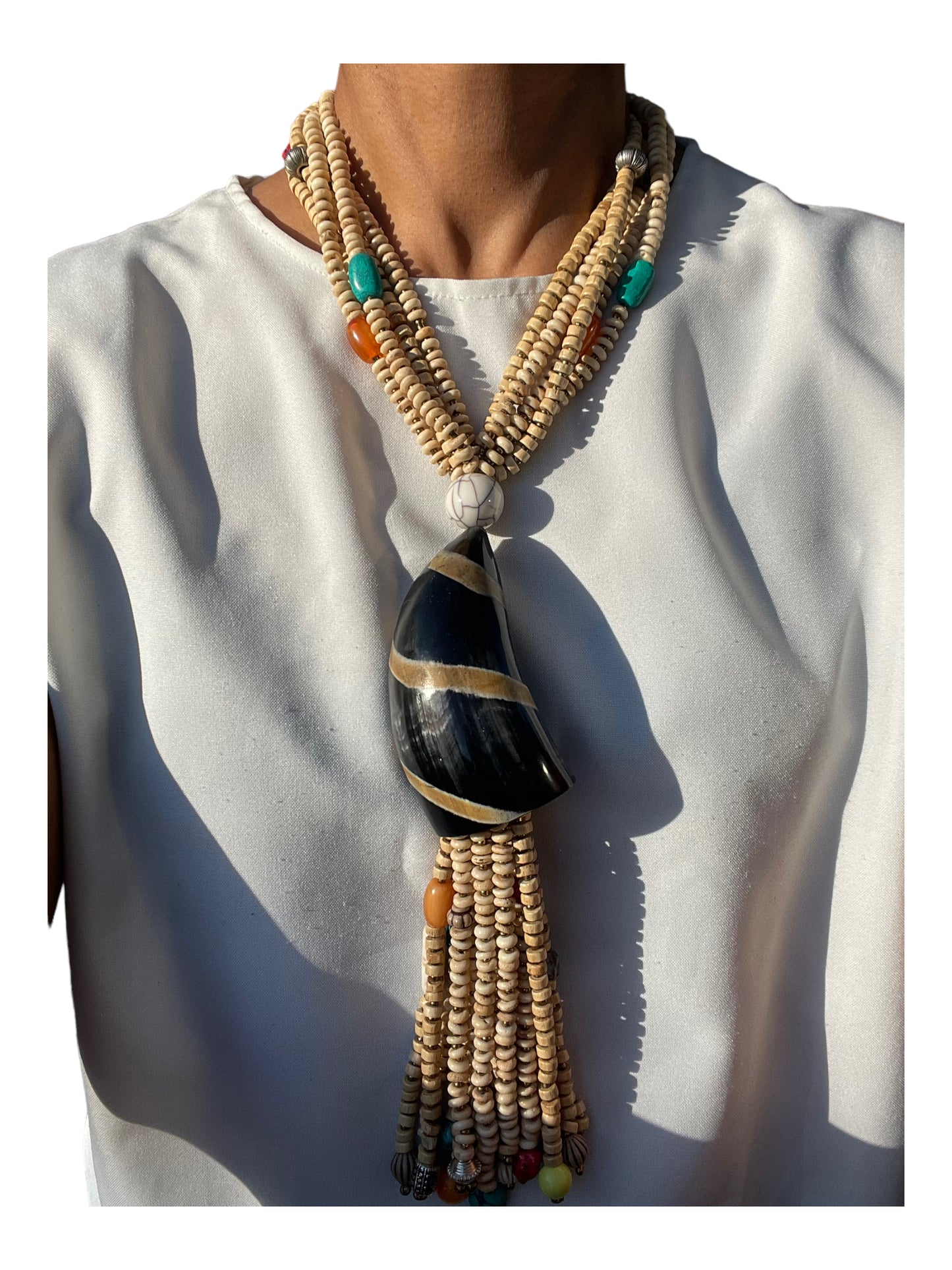Center Horn Necklace with Bead Strands