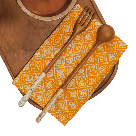 Batik Cloth Napkin Set of Four, Kamboja, Hand Dyed, 100% Cotton, Mustard, Yellow, Brown