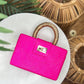 THE GRACIE Pink & Gold Woven Buntal Straw Clutch Bag