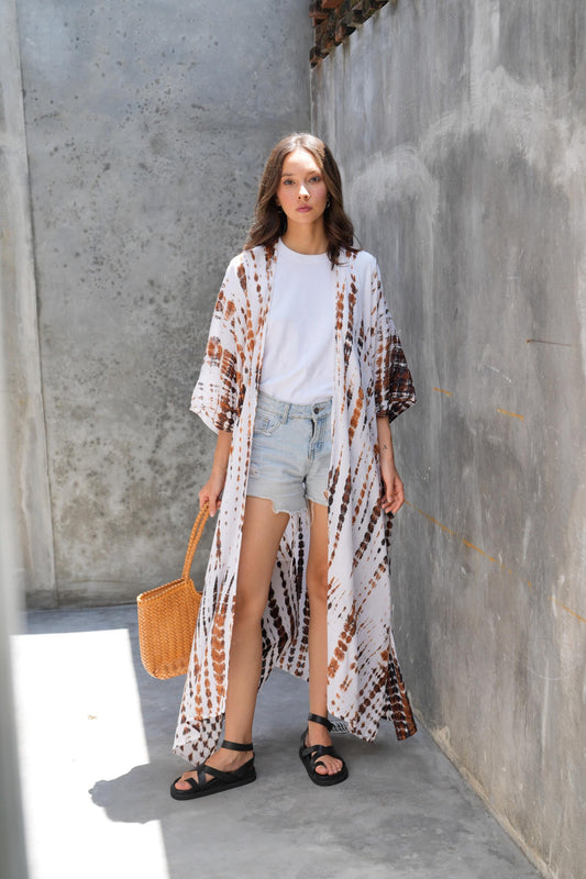Sara Hand Dyed Kimono in White/Brown Multi