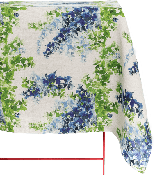 Organic Linen Tablecloth in Blue and Green Wisteria Print