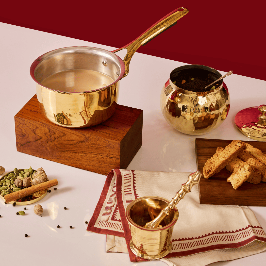 Chai Starter Kit (Brass Saucepan with Insulated handle + Brass Mortar and Pestle)