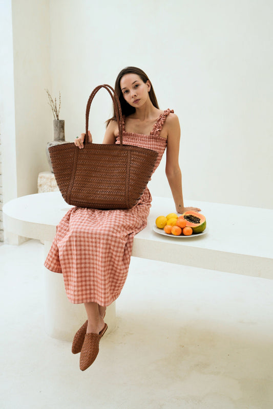 Phoebe Handwoven Leather Tote in Brown