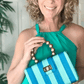 THE LOUISA Blue & Turquoise Stripe Woven Straw Clutch Bag