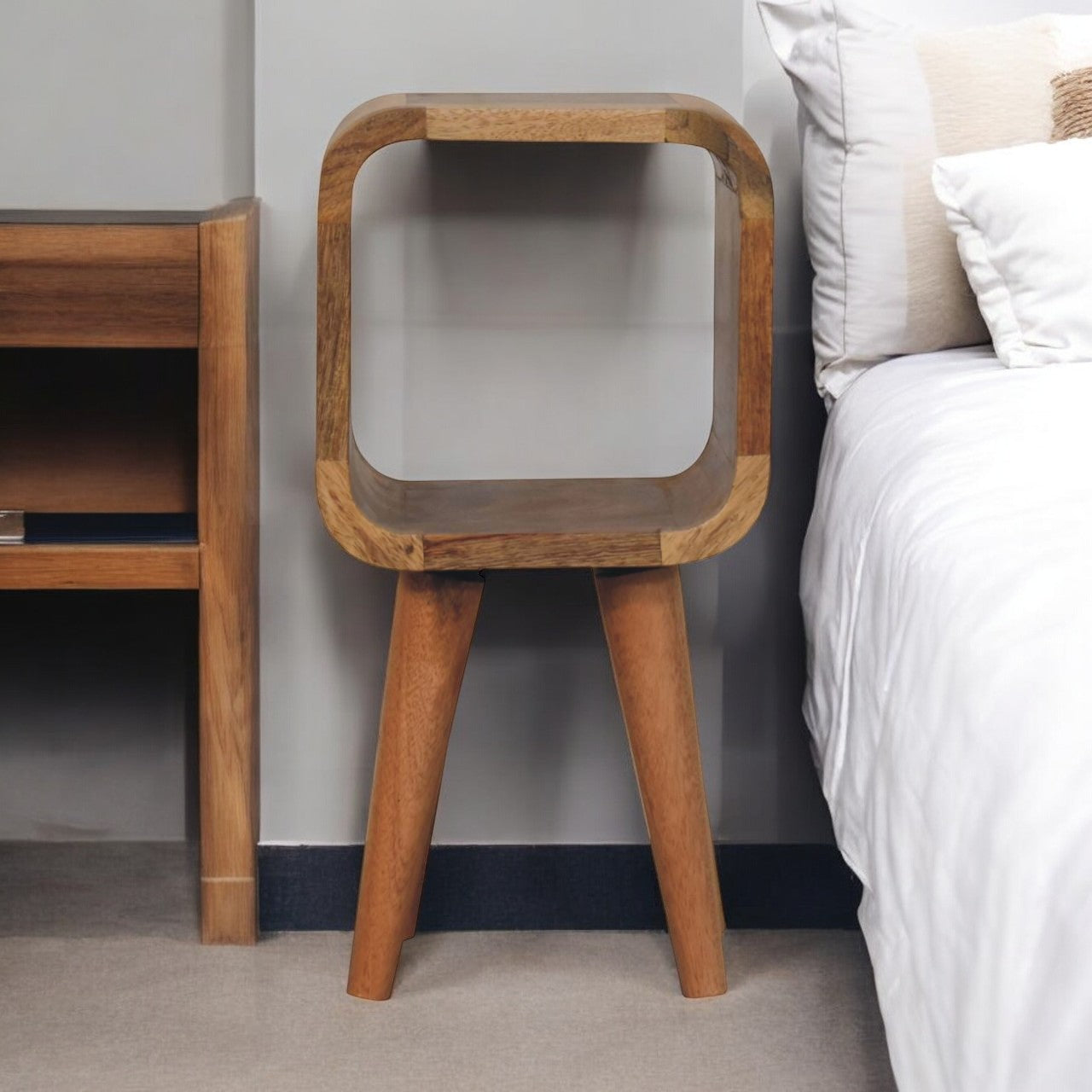 Solid Wood Extra Mini Minimalist Open Curved Oak-ish Bedside Table