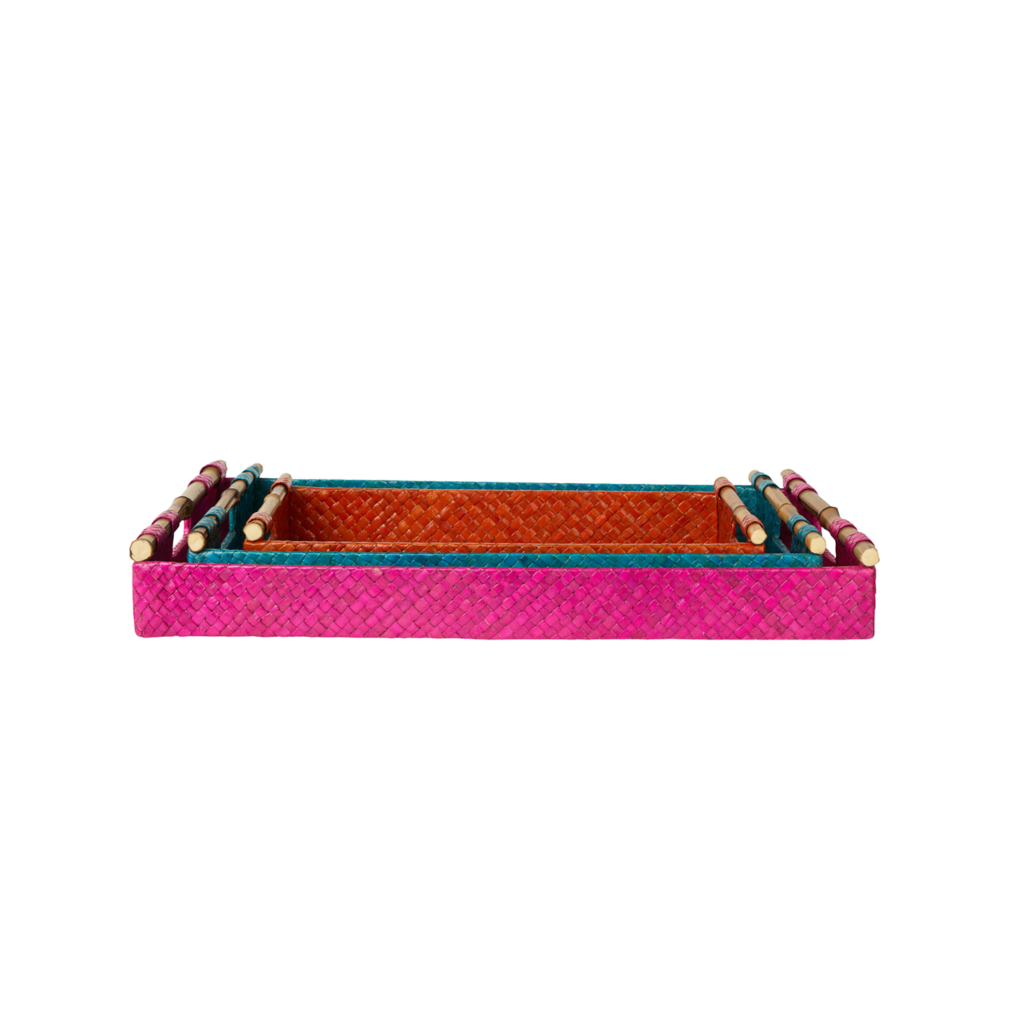 Multi Color Woven Decorative Trays with Bamboo Handles - Set of 3