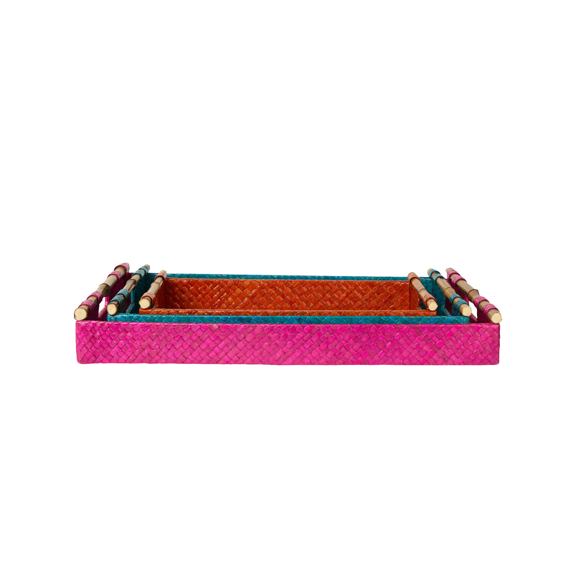 Multi Color Woven Decorative Trays with Bamboo Handles - Set of 3
