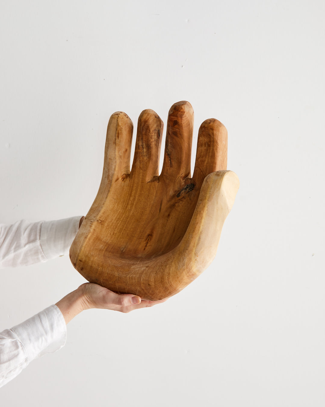 Open Hand Hand-Carved Wooden Bowl Sculpture (Discoloration)