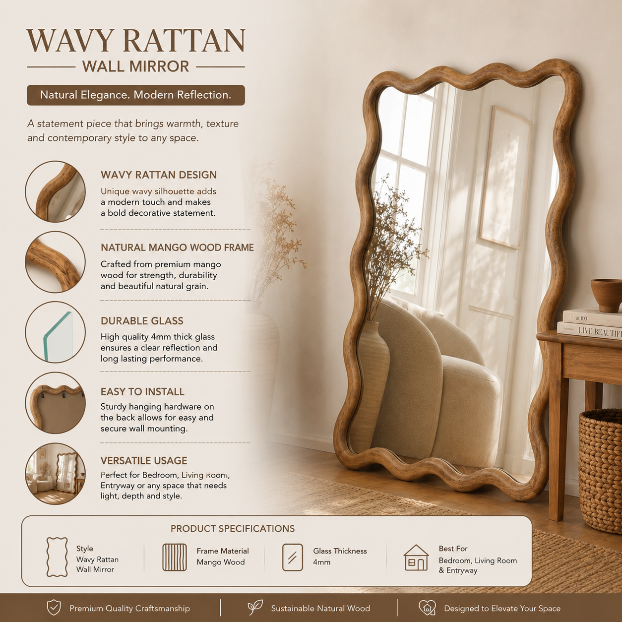 Decorative Wavy Wall Mirror with Mango Wood Frame, 36x48"