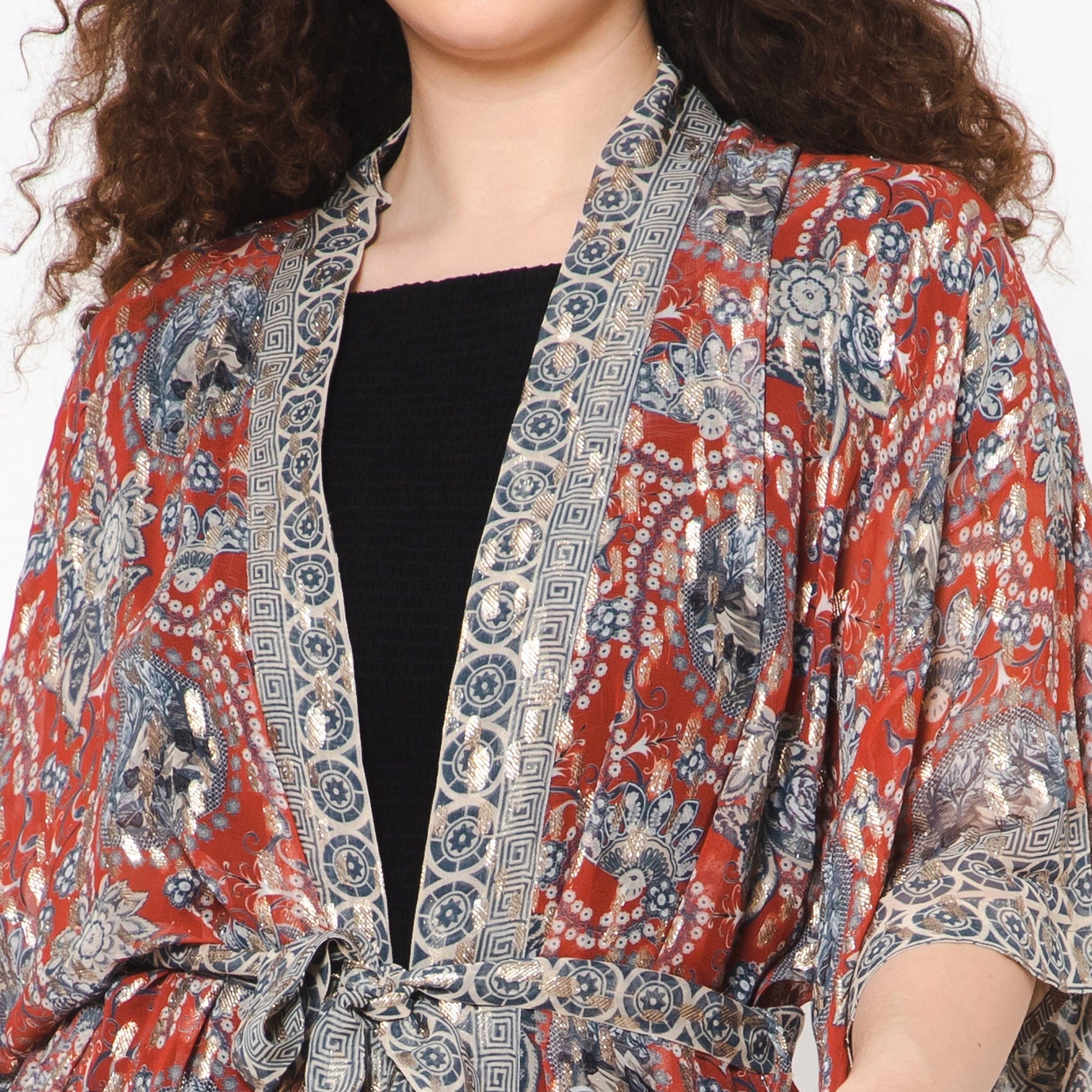 Impressionist Print Lurex Kimono - Crimson Grey